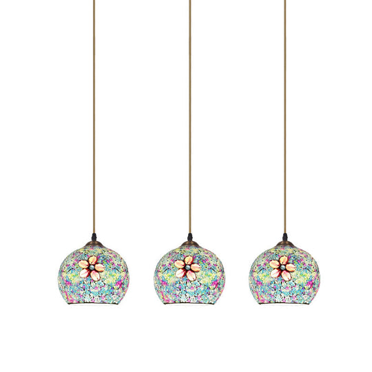 Tiffany Style Multicolored Flower Glass Suspension Lighting - 3 Heads Bronze Finish