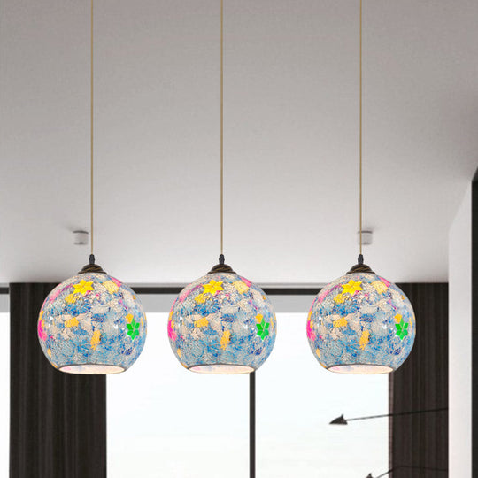 Tiffany Glass 3-Bulb Pendant Lamp with Light Blue Multi Leaf-Pattern Globe - Baroque Ceiling Suspension