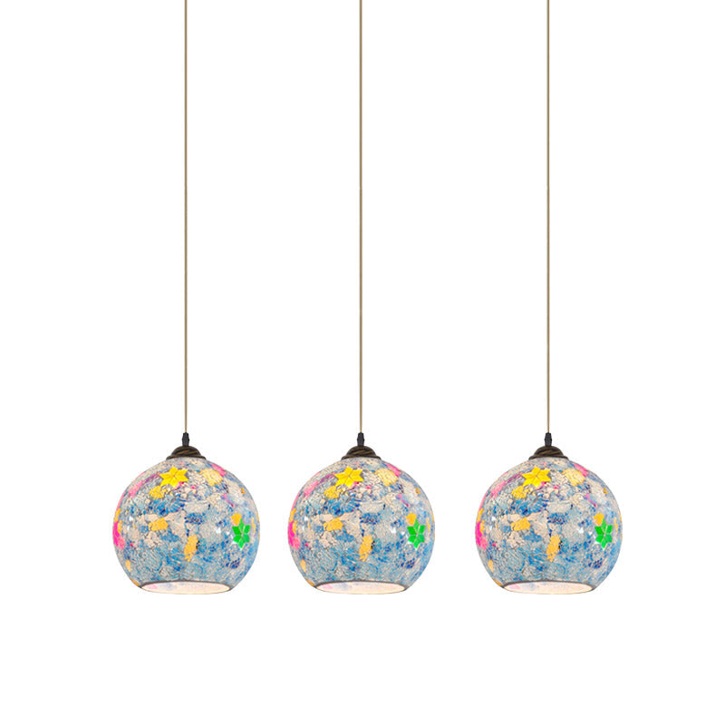 Tiffany Glass 3-Bulb Pendant Lamp with Light Blue Multi Leaf-Pattern Globe - Baroque Ceiling Suspension