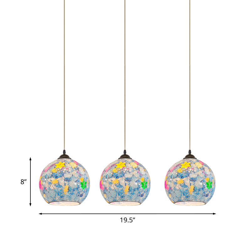 Tiffany Glass 3-Bulb Pendant Lamp with Light Blue Multi Leaf-Pattern Globe - Baroque Ceiling Suspension