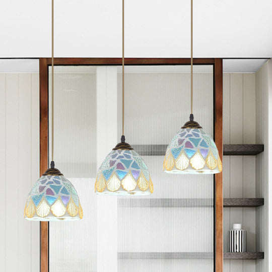 3-Head Tiffany Bronze Pendant Lamp with Mosaic-Tile Bell Shell Shade - Exquisite Restaurant Hanging Light