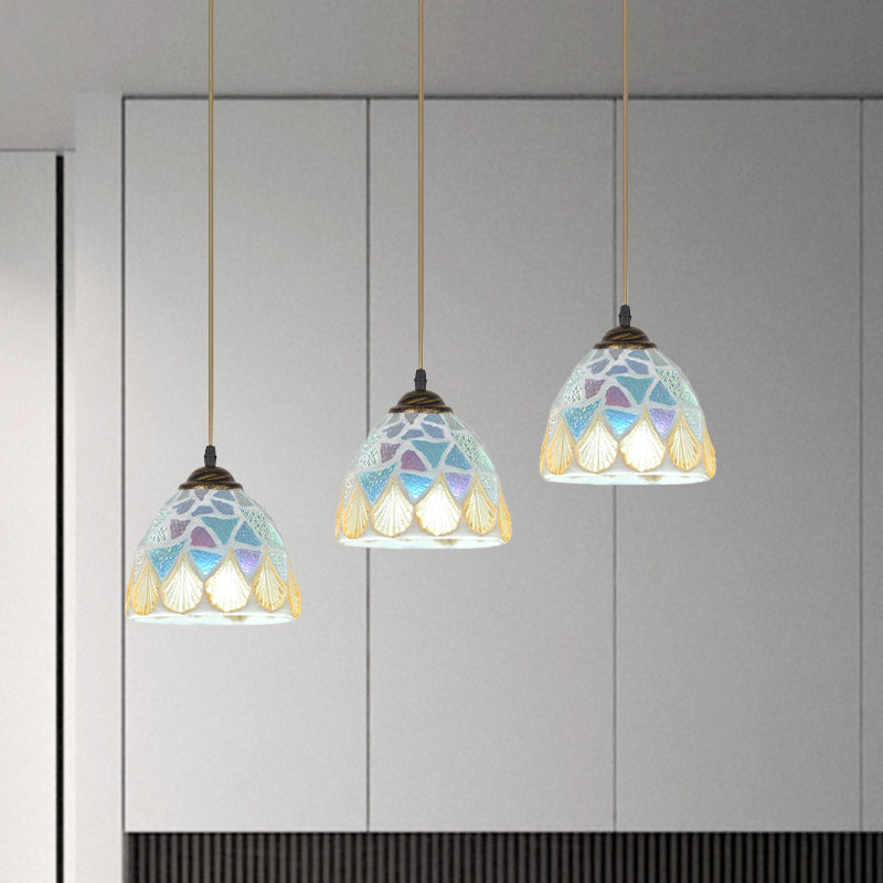 3-Head Tiffany Bronze Pendant Lamp with Mosaic-Tile Bell Shell Shade - Exquisite Restaurant Hanging Light