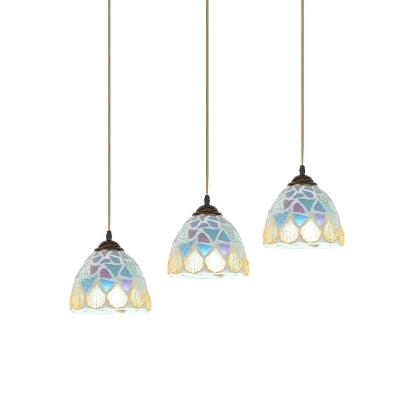 3-Head Tiffany Bronze Pendant Lamp with Mosaic-Tile Bell Shell Shade - Exquisite Restaurant Hanging Light