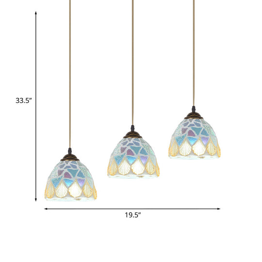 3-Head Tiffany Bronze Pendant Lamp with Mosaic-Tile Bell Shell Shade - Exquisite Restaurant Hanging Light