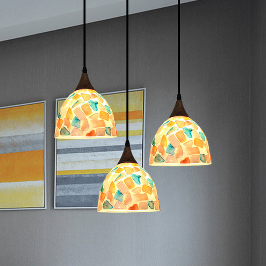 Tiffany-Style Bell Shaped Mosaic Tile Shell Drop Lamp - 3 Bulb Bronze Pendant Light With Rounded