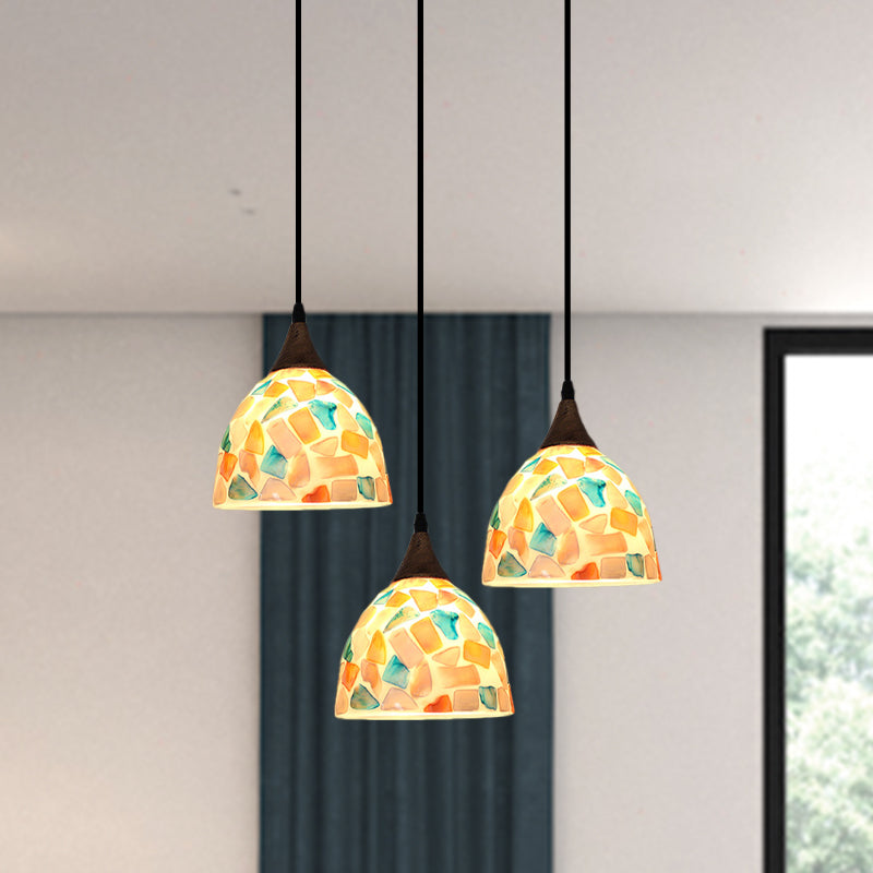 Mosaic Tile Shell Drop Tiffany-Style Pendant Lamp with Bell Shape, Bronze Finish - 3 Bulbs, Multi-Light Design