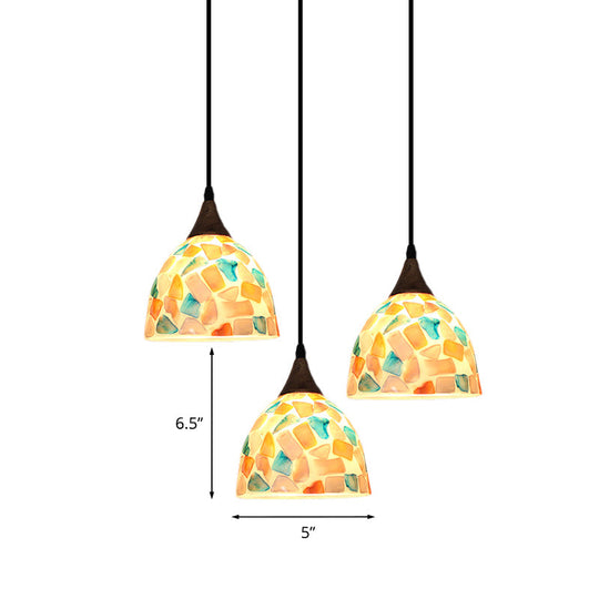 Mosaic Tile Shell Drop Tiffany-Style Pendant Lamp with Bell Shape, Bronze Finish - 3 Bulbs, Multi-Light Design