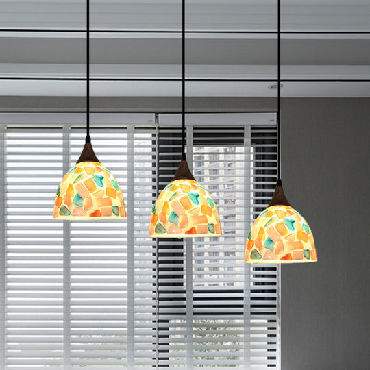 Tiffany-Style Bell Shaped Mosaic Tile Shell Drop Lamp - 3 Bulb Bronze Pendant Light With Rounded