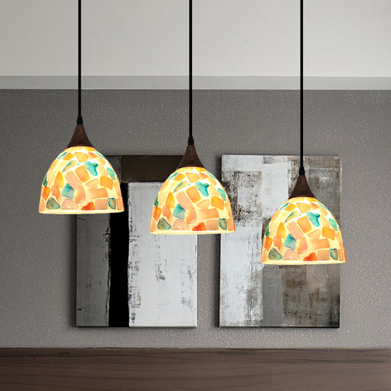 Mosaic Tile Shell Drop Tiffany-Style Pendant Lamp with Bell Shape, Bronze Finish - 3 Bulbs, Multi-Light Design