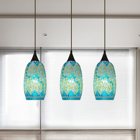 Elliptical Tiffany Pendant Light With 3 Blue Hand-Cut Glass Heads And Black Multi Hanging Fixture