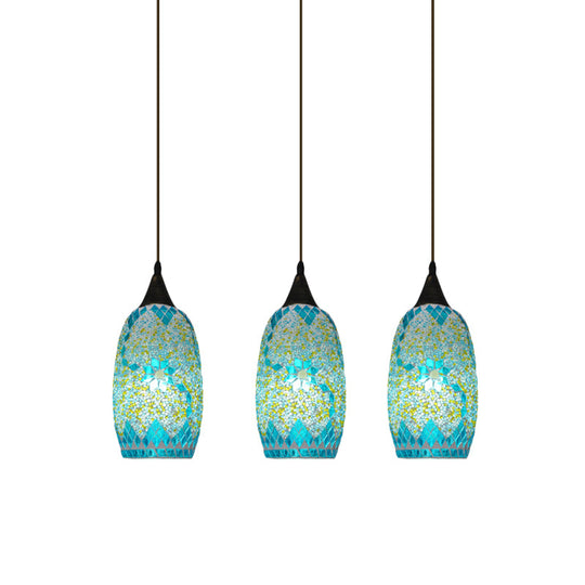 Elliptical Tiffany Pendant Light With 3 Blue Hand-Cut Glass Heads And Black Multi Hanging Fixture