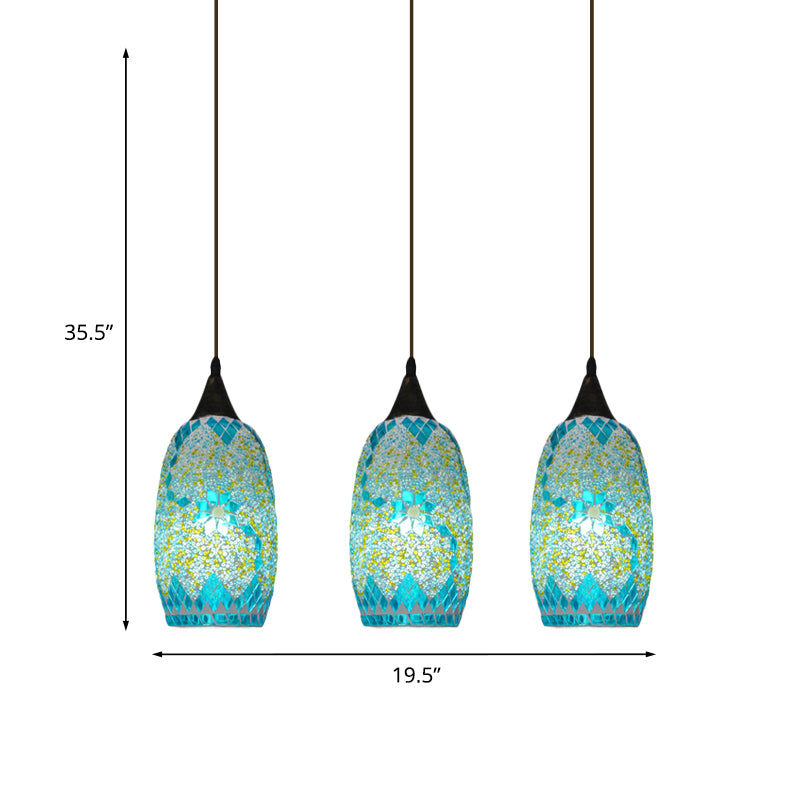 Elliptical Tiffany Pendant Light With 3 Blue Hand-Cut Glass Heads And Black Multi Hanging Fixture