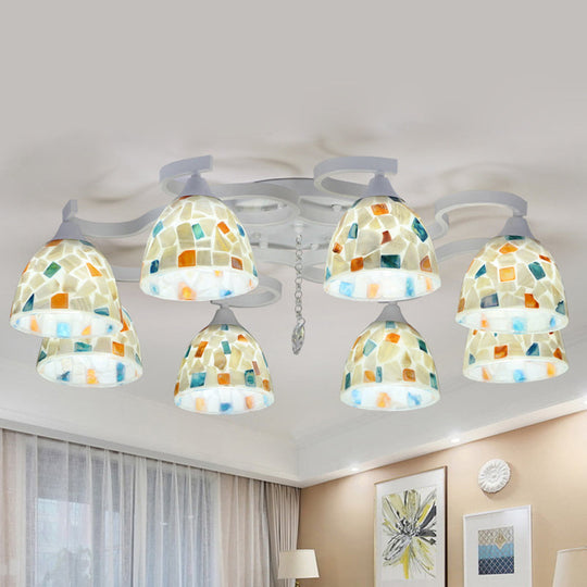 Mediterranean 8-Light White Semi Flush Mount Chandelier with Mosaic Tile and Bell Shell Accents