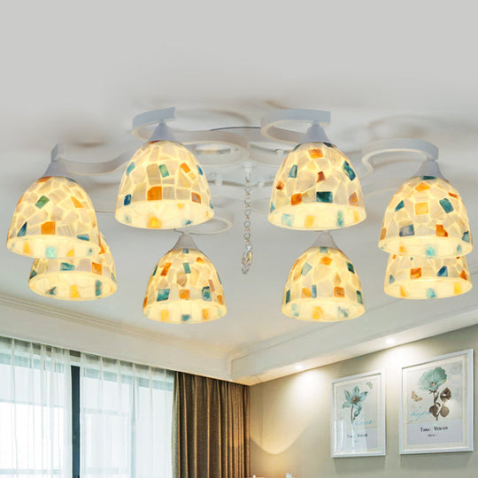 Mediterranean 8-Light White Semi Flush Mount Chandelier with Mosaic Tile and Bell Shell Accents