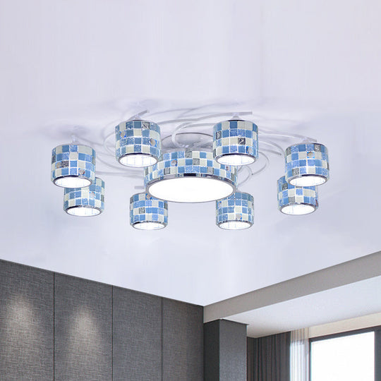 Checkered Semi Flush Blue Glass Chandelier - Mediterranean Drum Style, 11 Heads, Ceiling Mounted for Living Room