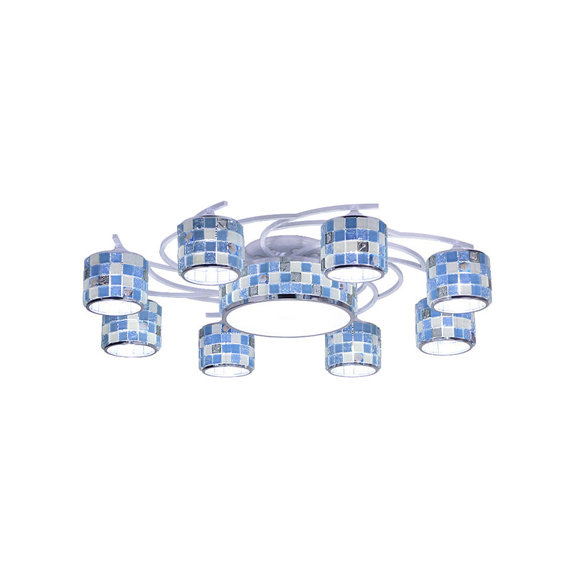 Checkered Semi Flush Blue Glass Chandelier - Mediterranean Drum Style, 11 Heads, Ceiling Mounted for Living Room