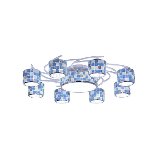 Blue Glass Drum Chandelier - Mediterranean Checkered Semi Flush 11 Lights Perfect For Living Room