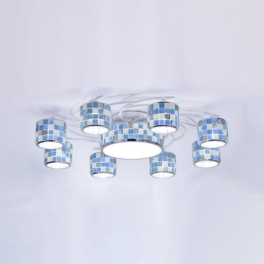 Checkered Semi Flush Blue Glass Chandelier - Mediterranean Drum Style, 11 Heads, Ceiling Mounted for Living Room