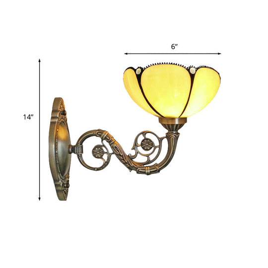 Baroque Beige Glass Wall Sconce With Curved Arm - Bronze 1-Light Lamp