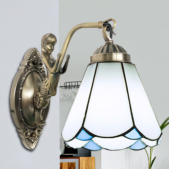 Mermaid Backplate Conical Wall Sconce Lighting In Mission White/Beige Glass - Elegant Mount Light