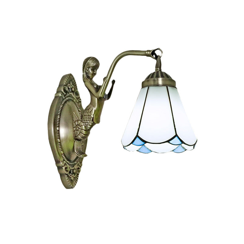 Mermaid Backplate Conical Wall Sconce Lighting In Mission White/Beige Glass - Elegant Mount Light