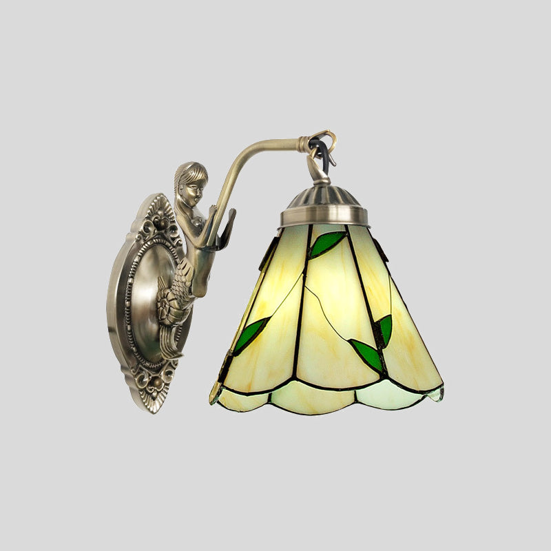 Mermaid Backplate Conical Wall Sconce Lighting In Mission White/Beige Glass - Elegant Mount Light