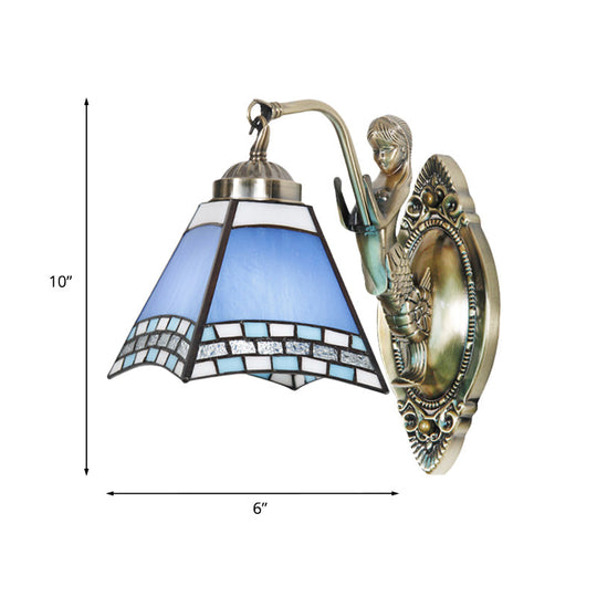 Mission Blue Cut Glass Trapezoid Wall Light With Mermaid Arm - Bronze Mount Fixture