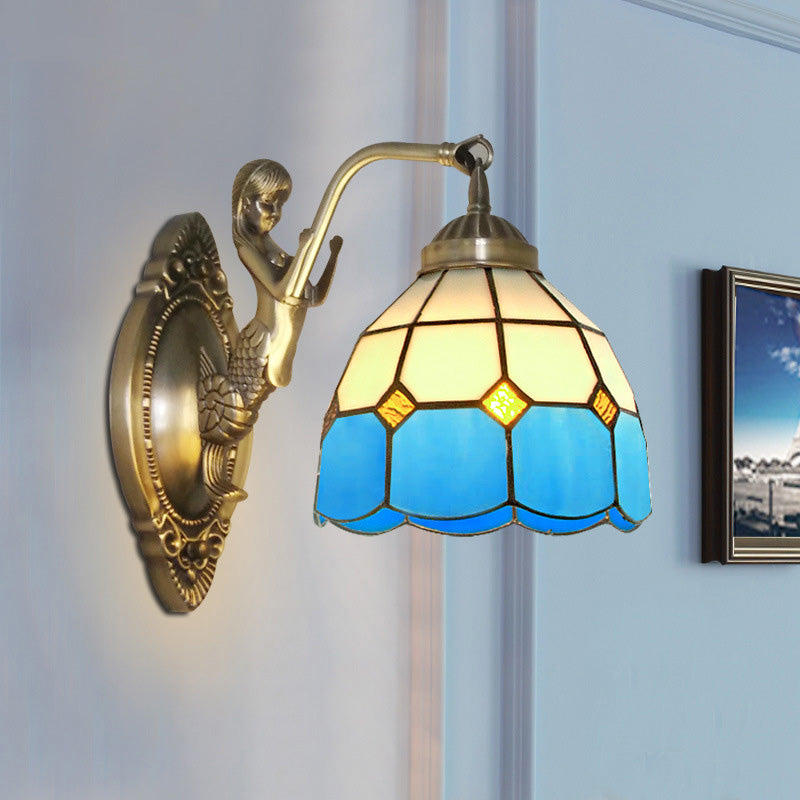 Living Room Wall Mounted Light: Bronze Mermaid Lamp With Blue & White Glass Shade