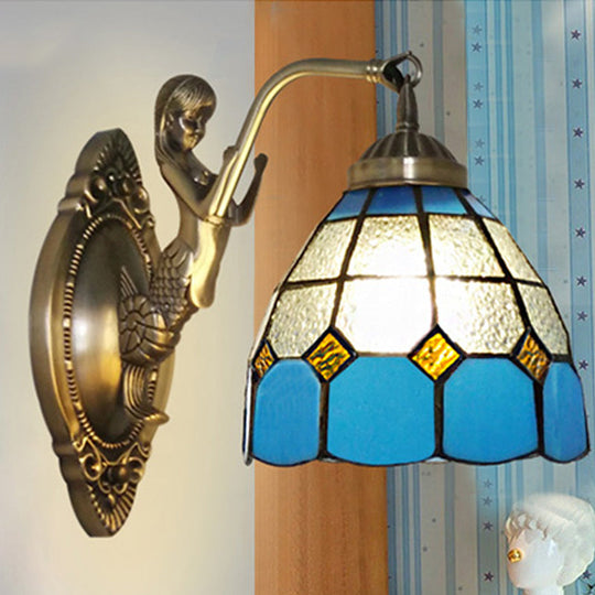 Living Room Wall Mounted Light: Bronze Mermaid Lamp With Blue & White Glass Shade