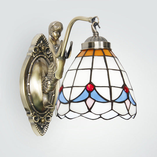 Dome Wall Lamp: 1-Bulb Stained Glass Mediterranean Tulip Pattern In White/Blue Mermaid Arm