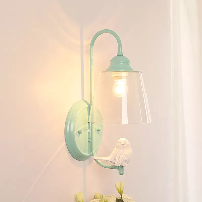 Modern Metal And Glass Sconce Light With Clear Bucket Wall Design Bird Deco For Dining Room Green