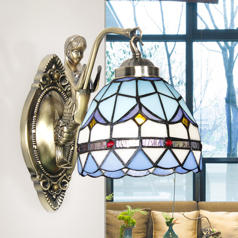 Dome Wall Lamp: 1-Bulb Stained Glass Mediterranean Tulip Pattern In White/Blue Mermaid Arm