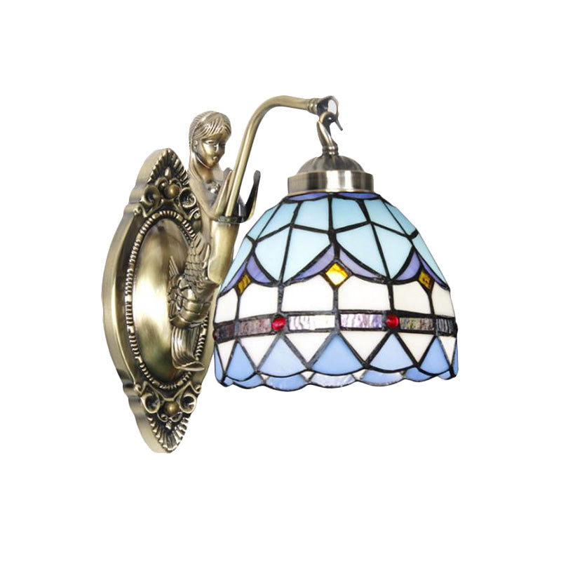 Dome Wall Lamp: 1-Bulb Stained Glass Mediterranean Tulip Pattern In White/Blue Mermaid Arm