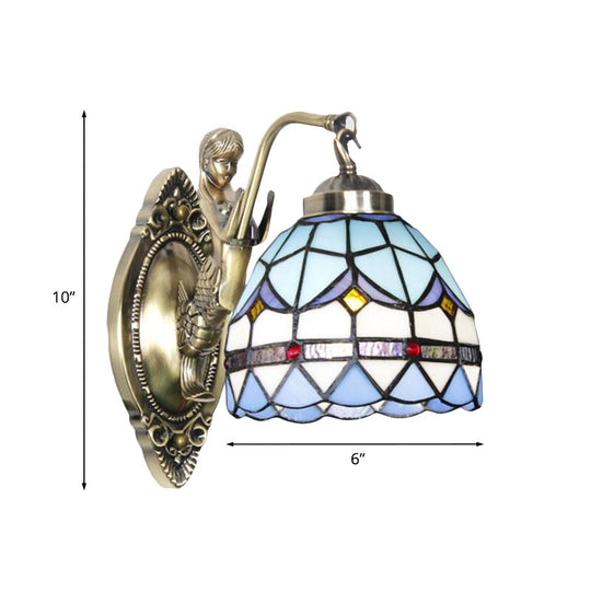 Dome Wall Lamp: 1-Bulb Stained Glass Mediterranean Tulip Pattern In White/Blue Mermaid Arm