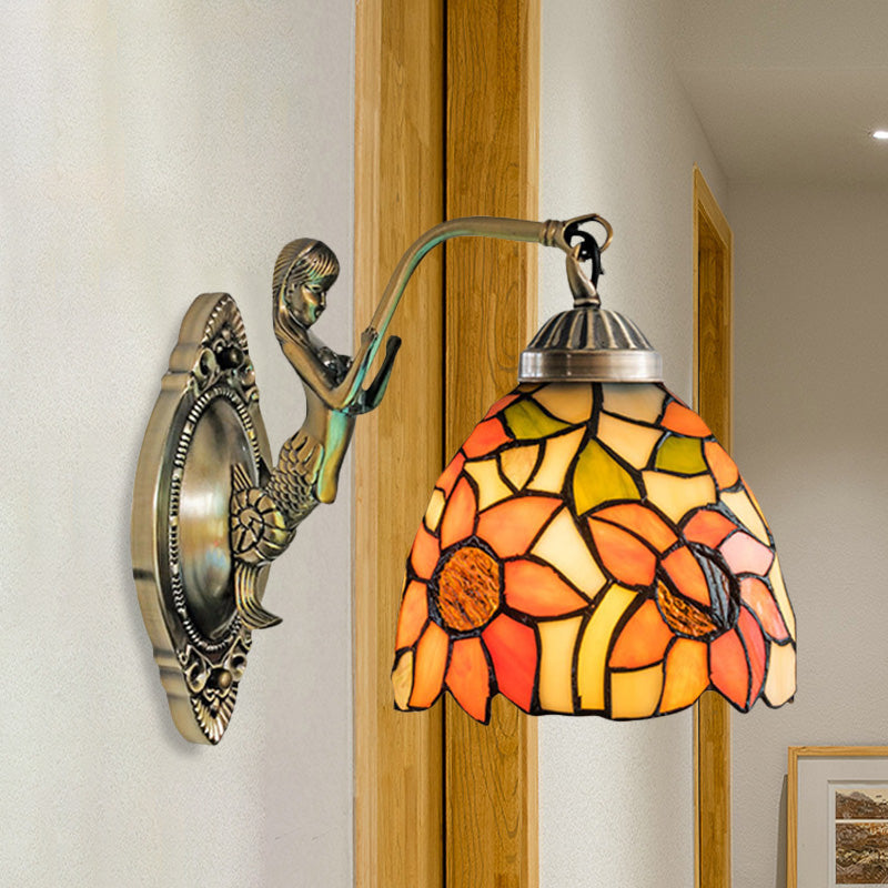 Victorian Sunflower/Floral Wall Sconce: Cut Glass Beige/Orange Bowl With Mermaid Arm Orange