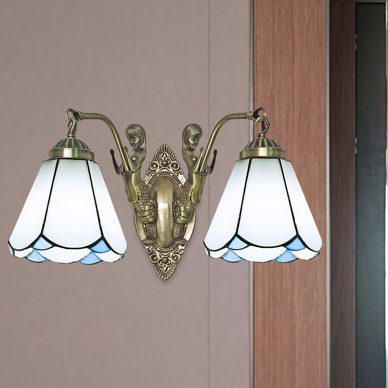 Conic Wall Mount Lamp With Double Mermaid Arm - White/Beige Glass Sconce Light Fixture