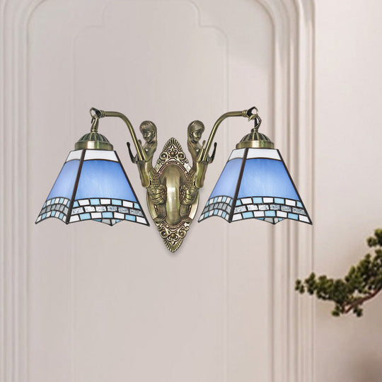 Mission Style 2-Light Blue Wall Mount With Hand Cut Swallowtail Glass And Mermaid Arm For Bedroom