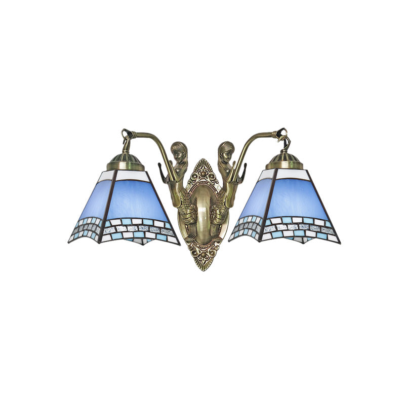 Mission Style 2-Light Blue Wall Mount With Hand Cut Swallowtail Glass And Mermaid Arm For Bedroom