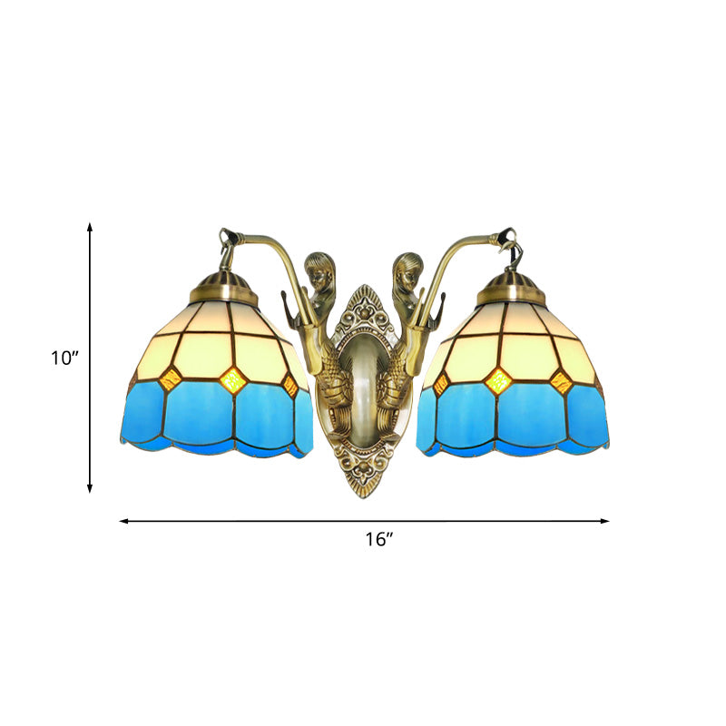 Mermaid 2-Head Stained Glass Wall Sconce In Tiffany Dark Blue/White & Orange/White With Grid Pattern