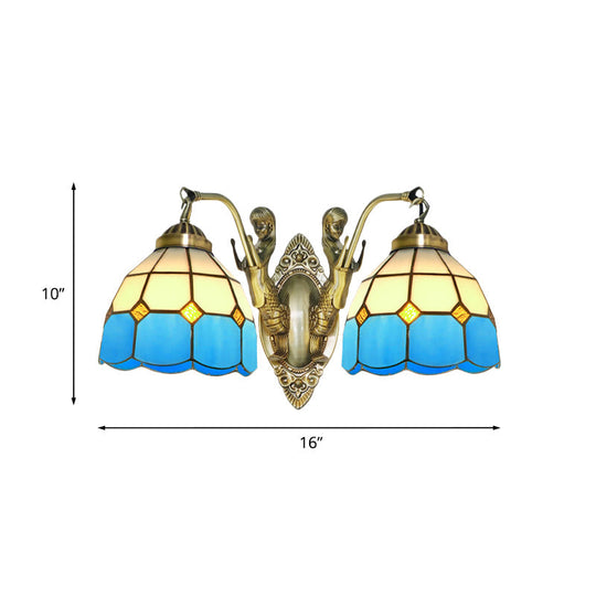 Mermaid 2-Head Stained Glass Wall Sconce In Tiffany Dark Blue/White & Orange/White With Grid Pattern