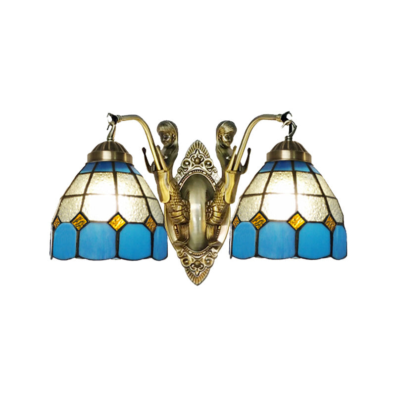 Mermaid 2-Head Stained Glass Wall Sconce In Tiffany Dark Blue/White & Orange/White With Grid Pattern