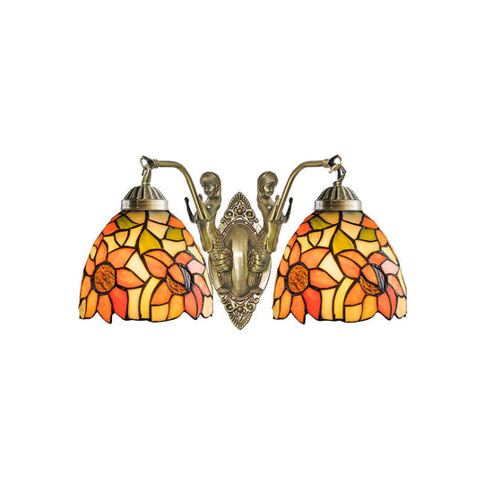 Tiffany Stained Glass Dome Wall Sconce: 2-Bulb Beige/Orange Floral Pattern Mermaid Arm For Bedroom