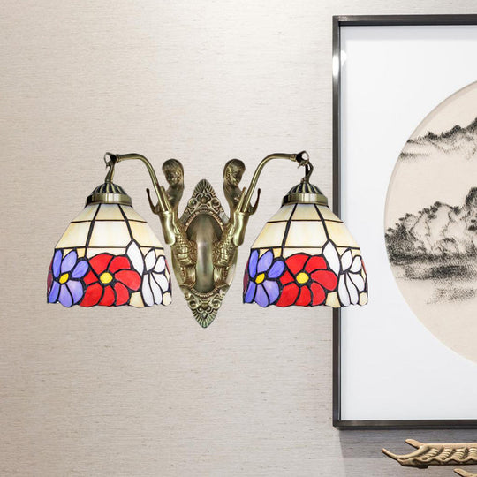 Tiffany Stained Glass Dome Wall Sconce: 2-Bulb Beige/Orange Floral Pattern Mermaid Arm For Bedroom