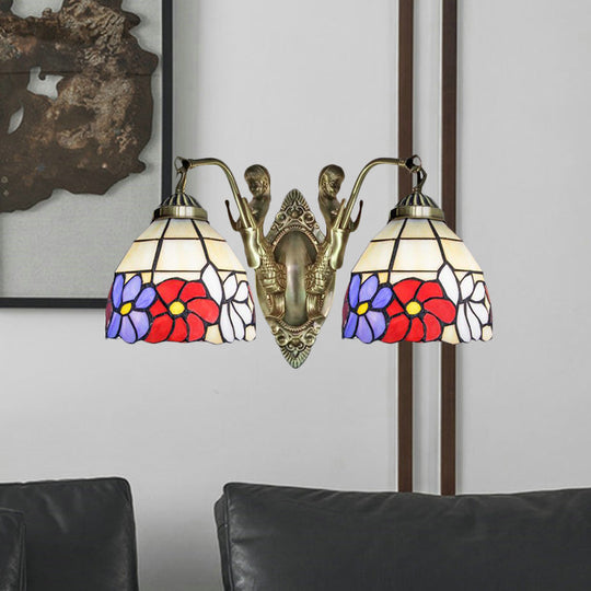 Tiffany Stained Glass Dome Wall Sconce: 2-Bulb Beige/Orange Floral Pattern Mermaid Arm For Bedroom