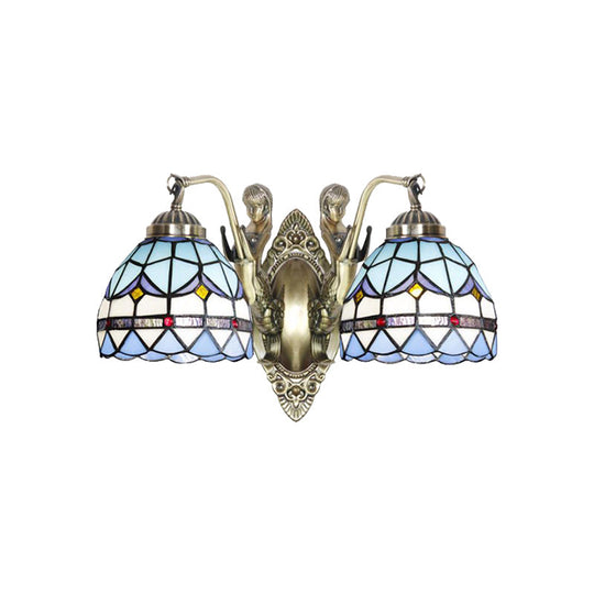 Baroque Mermaid Metal Wall Light With Art Glass Shade - White/Blue Sconce 2-Head Design