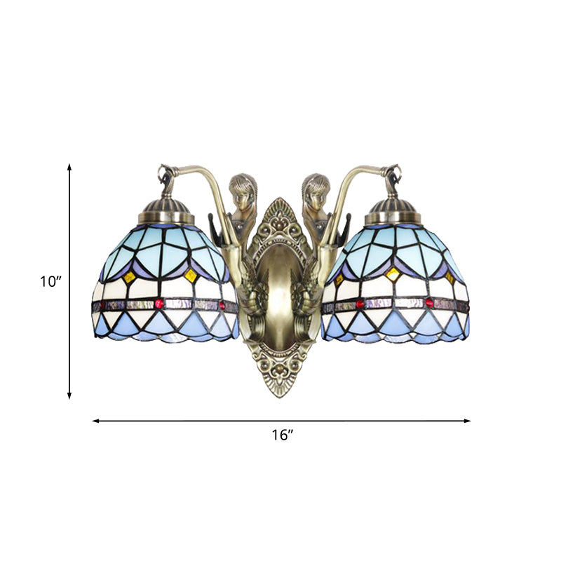 Baroque Mermaid Metal Wall Light With Art Glass Shade - White/Blue Sconce 2-Head Design