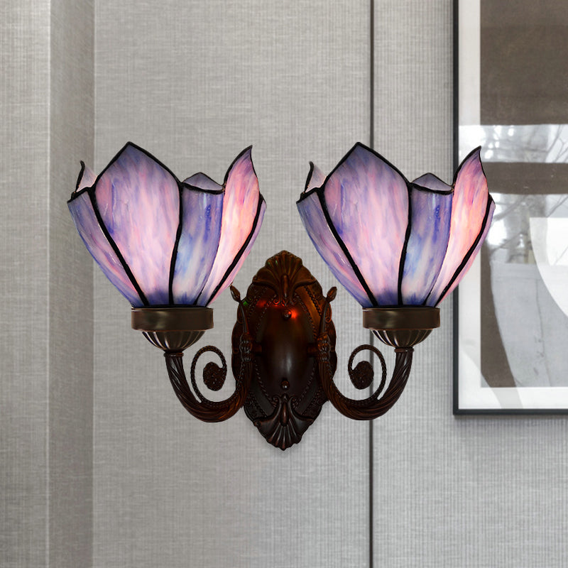 White/Pink Glass Petal Wall Sconce With Swirl Arm - 2 Lights Mediterranean Lighting Fixture For