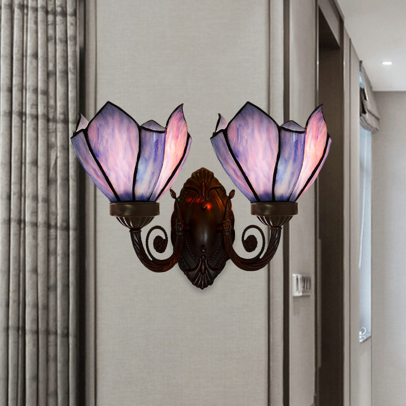 White/Pink Glass Petal Wall Sconce With Swirl Arm - 2 Lights Mediterranean Lighting Fixture For