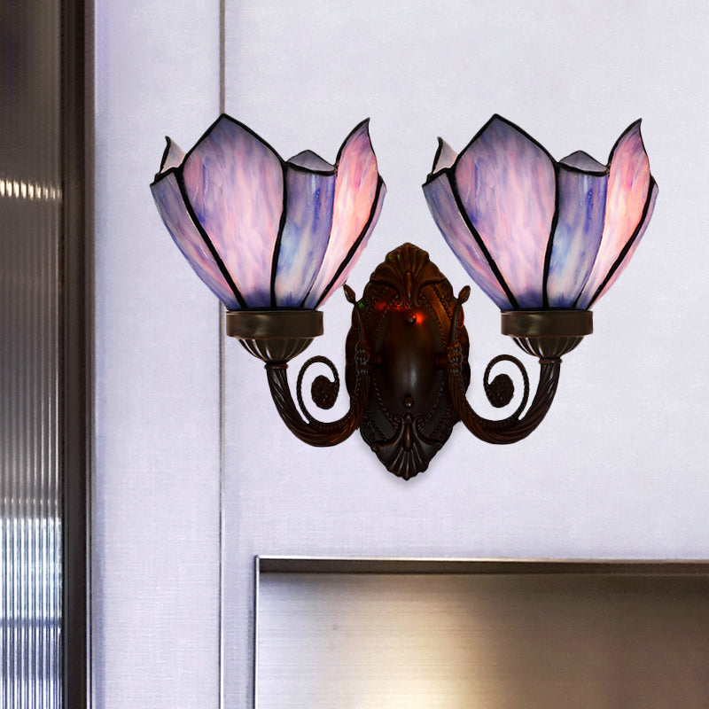 White/Pink Glass Petal Wall Sconce With Swirl Arm - 2 Lights Mediterranean Lighting Fixture For