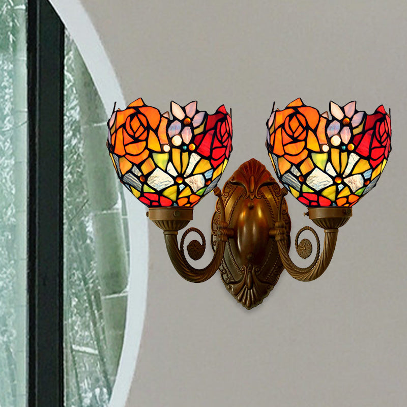 Bronze Tiffany Rose Stained Glass Wall Sconce With Bowl Shade - 2-Light Lamp